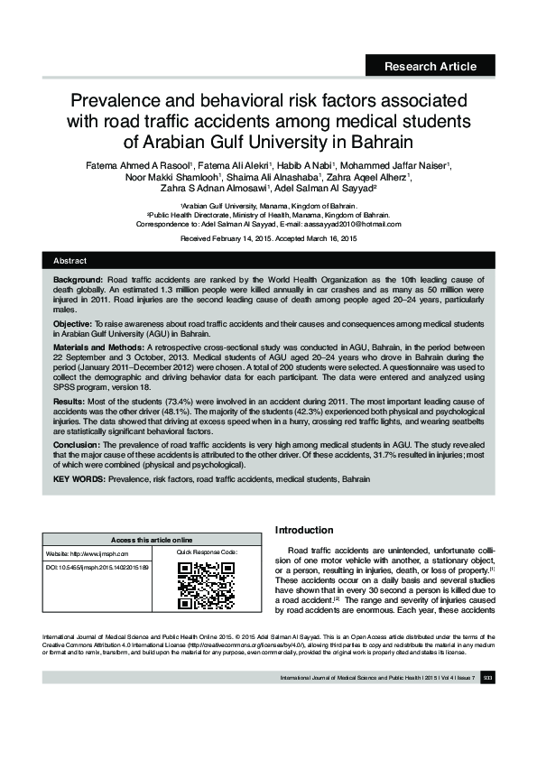(PDF) Prevalence and behavioral risk factors associated with road ...