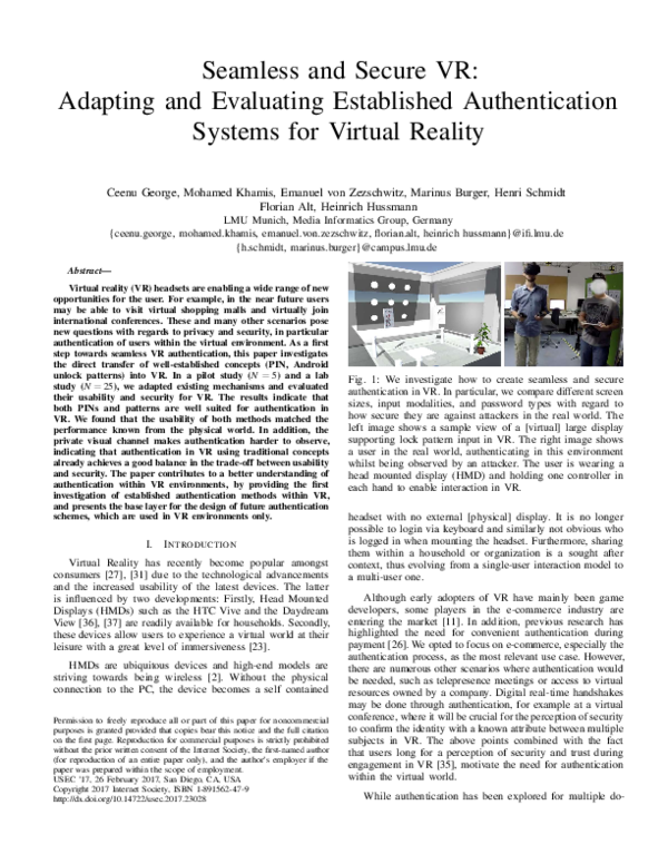(PDF) Seamless and Secure VR: Adapting and Evaluating Established ...