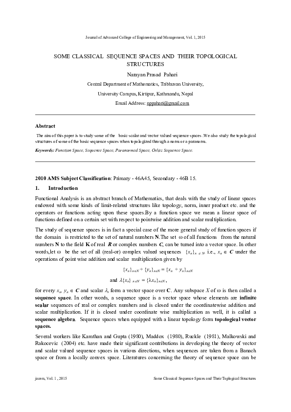 (PDF) Some Classical Sequence Spaces and their Topological Structures