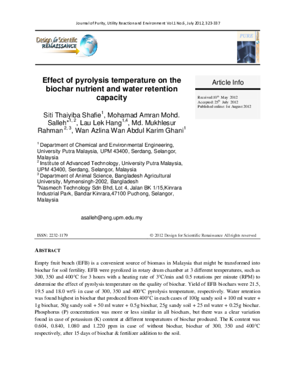 (PDF) Effect of pyrolysis temperature on the biochar nutrient and water ...