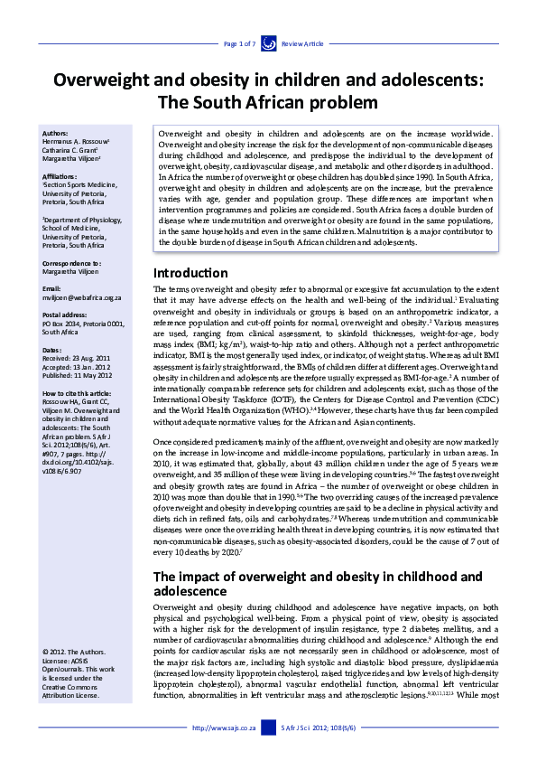 (PDF) Overweight and obesity in children and adolescents: relationship ...
