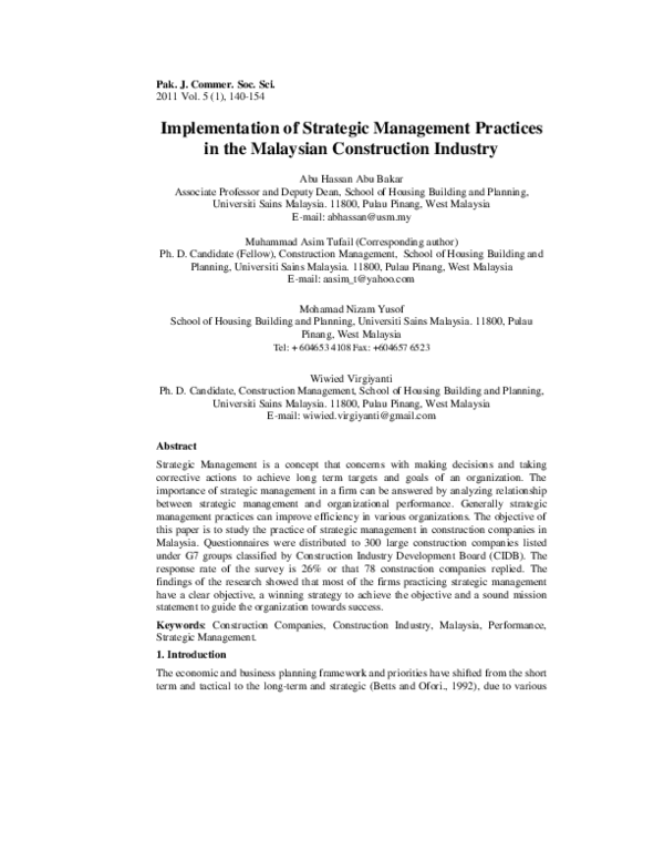 (PDF) Implementation of Strategic Management Practices in the Malaysian ...