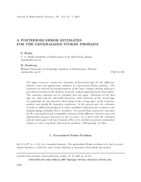 (PDF) A posteriori error estimates for the generalized Stokes problem