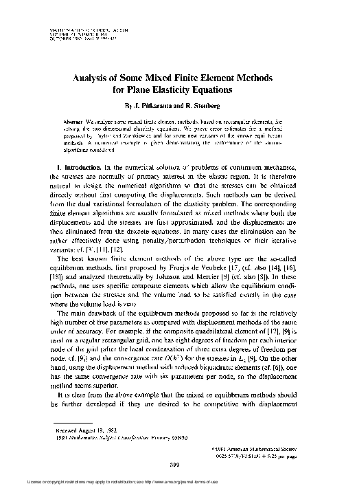 (PDF) Analysis of Some Mixed Finite Element Methods for Plane ...
