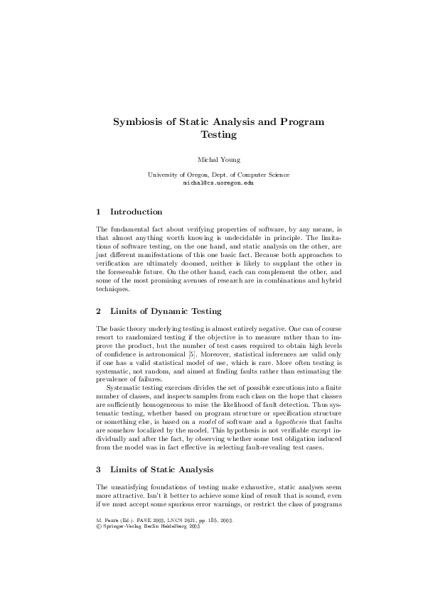 (PDF) Symbiosis of static analysis and program testing