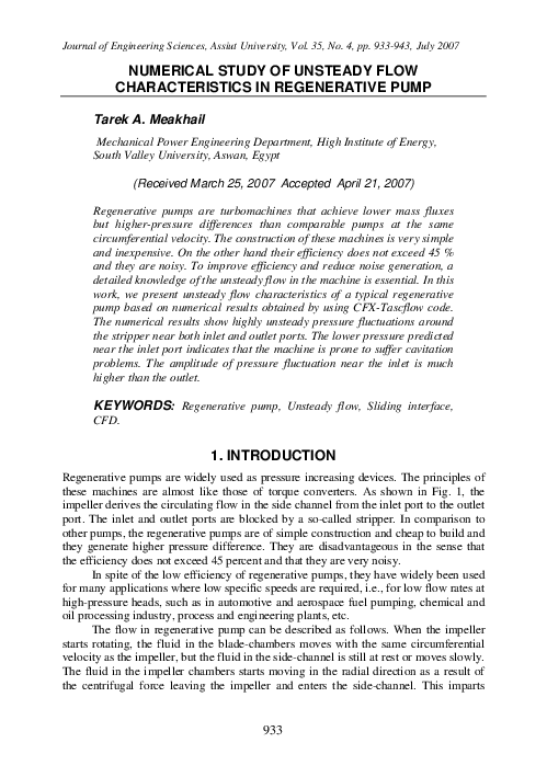 (PDF) Numerical Study of Unsteady Flow Characteristics in Regenerative Pump
