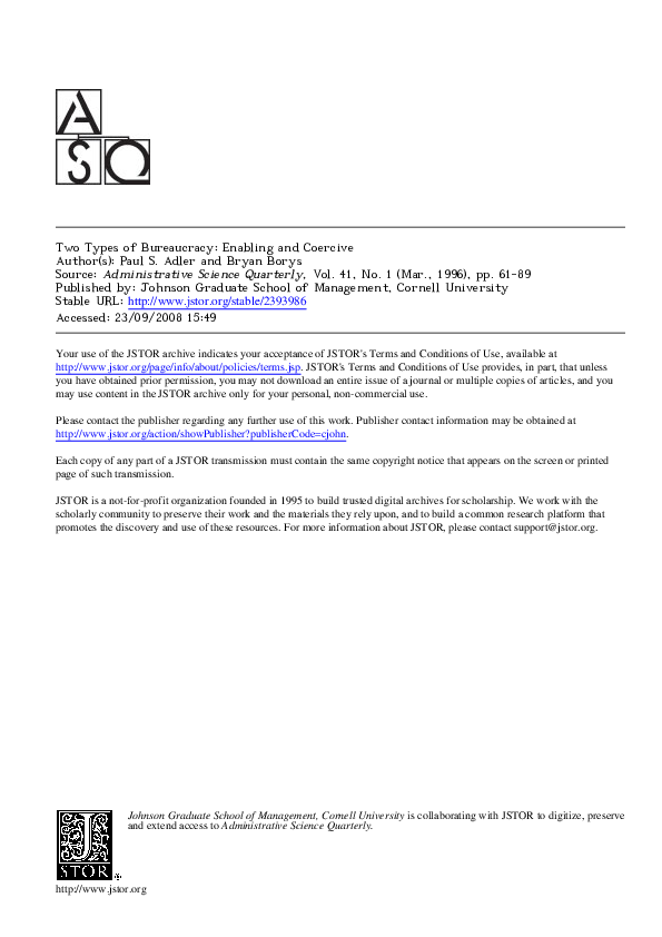 (PDF) Bureaucracy coercive versus enabling Paul S Adler Academia.edu