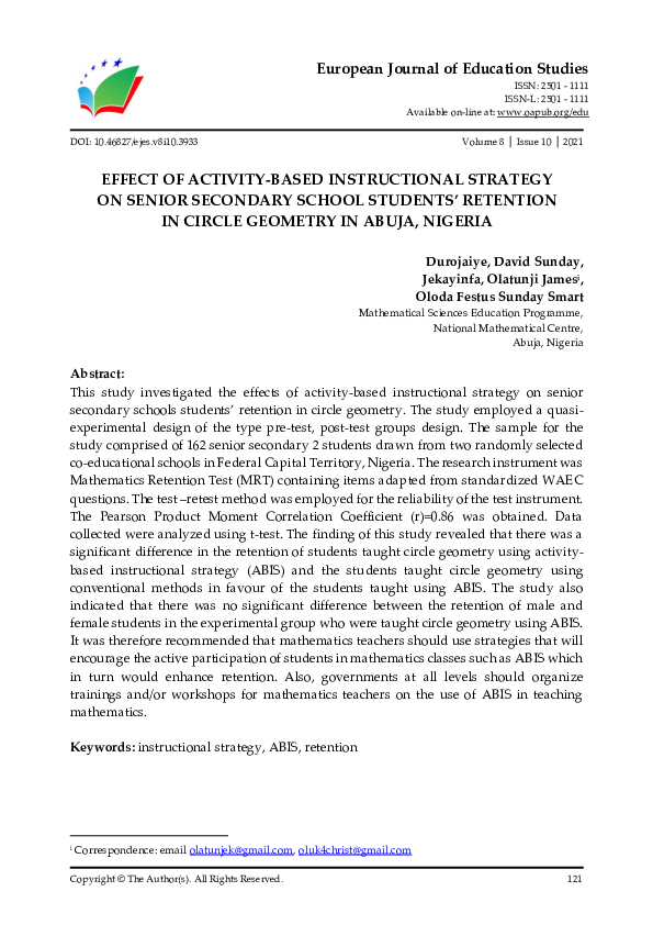 (PDF) Effect of Activity-Based Instructional Strategy on Senior ...