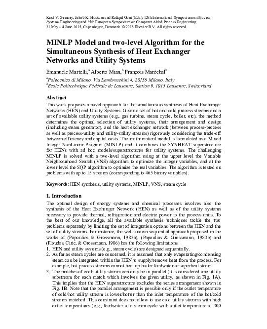 (PDF) MINLP Model and Two-level Algorithm for the Simultaneous ...