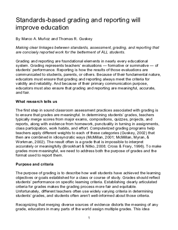 (PDF) Standardsbased grading and reporting will improve education