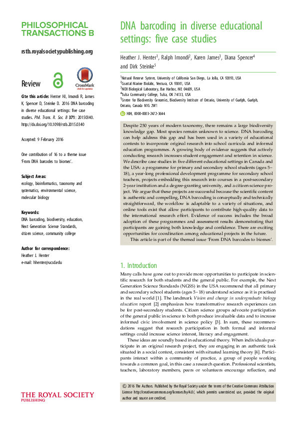(PDF) DNA barcoding in diverse educational settings: five case studies