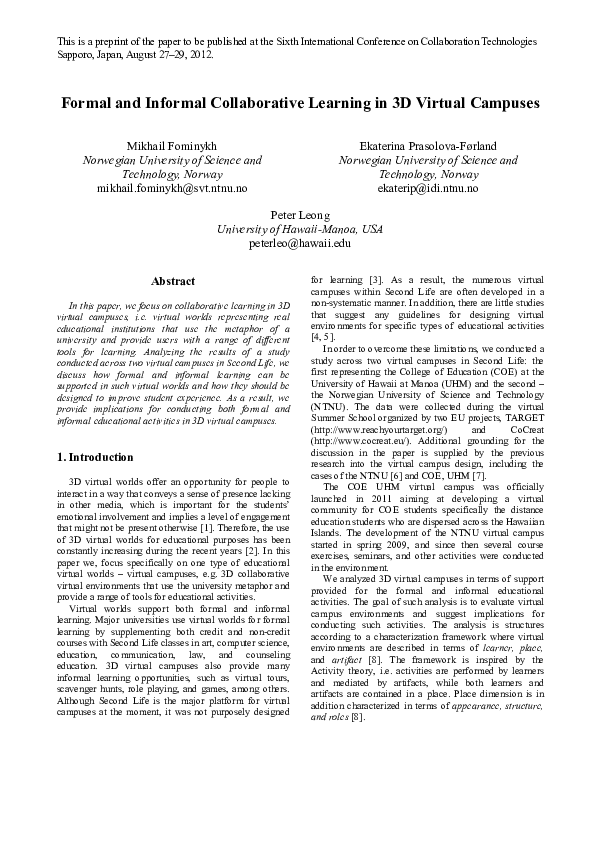 (PDF) Formal and Informal Collaborative Learning in 3D Virtual Campuses