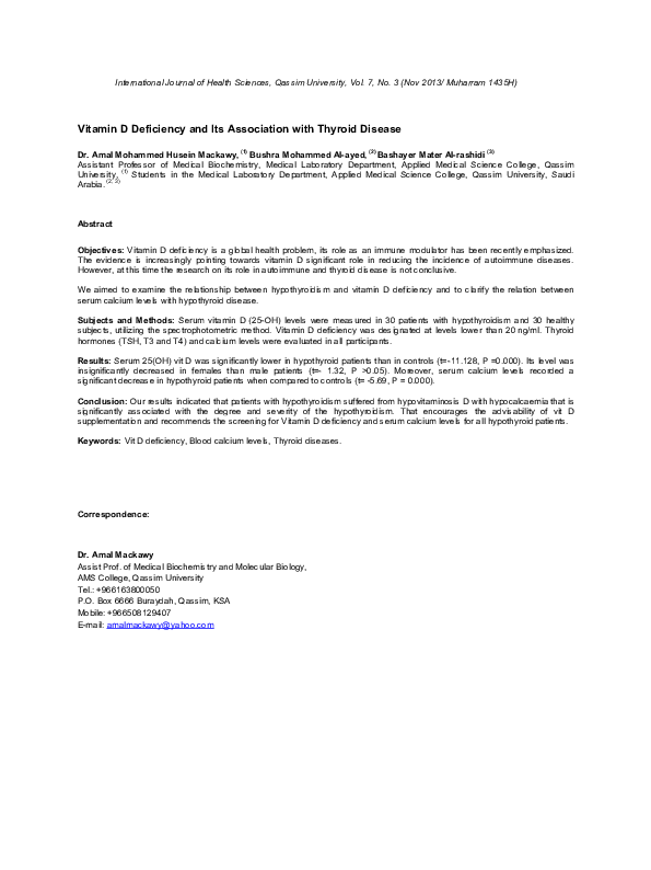 (PDF) Vitamin D Deficiency and Its Association with Thyroid Disease