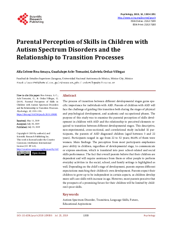 (PDF) Parental Perception of Skills in Children with Autism Spectrum ...