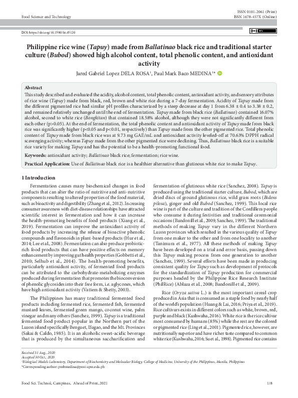 (PDF) Philippine rice wine (Tapuy) made from Ballatinao black rice and ...