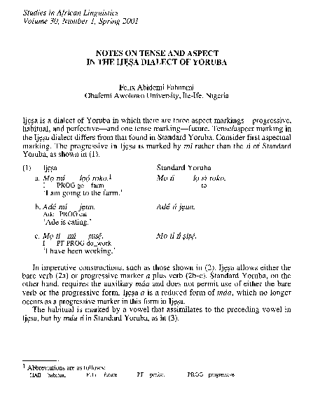 (PDF) Notes on tense and aspect in the Ijesa dialect of Yoruba