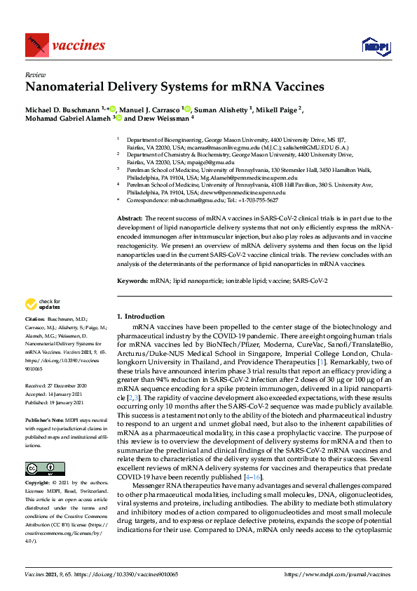 (PDF) Nanomaterial Delivery Systems for mRNA Vaccines