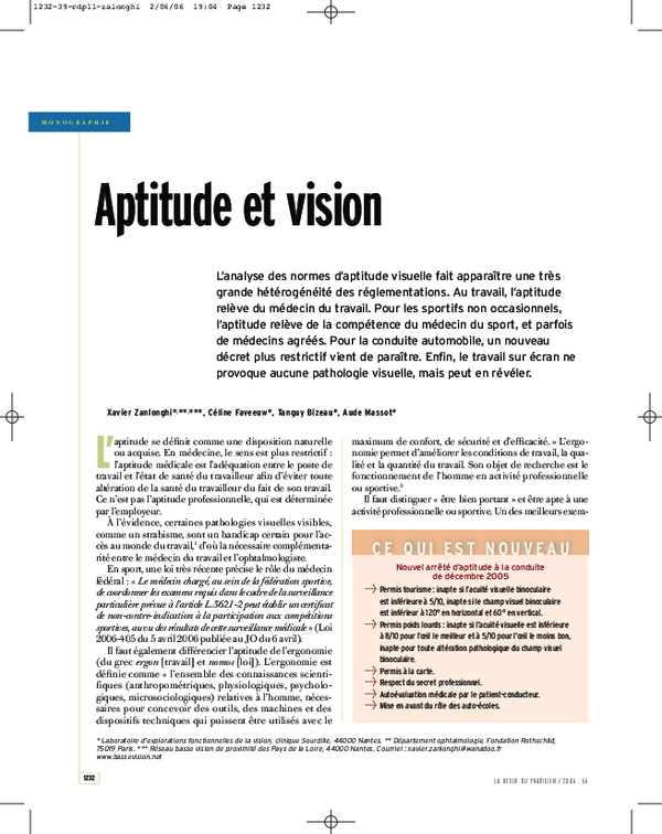 (PDF) Aptitude et vision : Profession, Sport, Déficient visuel, Travail ...