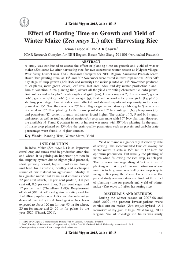(PDF) Effect of Planting Time on Growth and Yield of Winter Maize (Zea ...