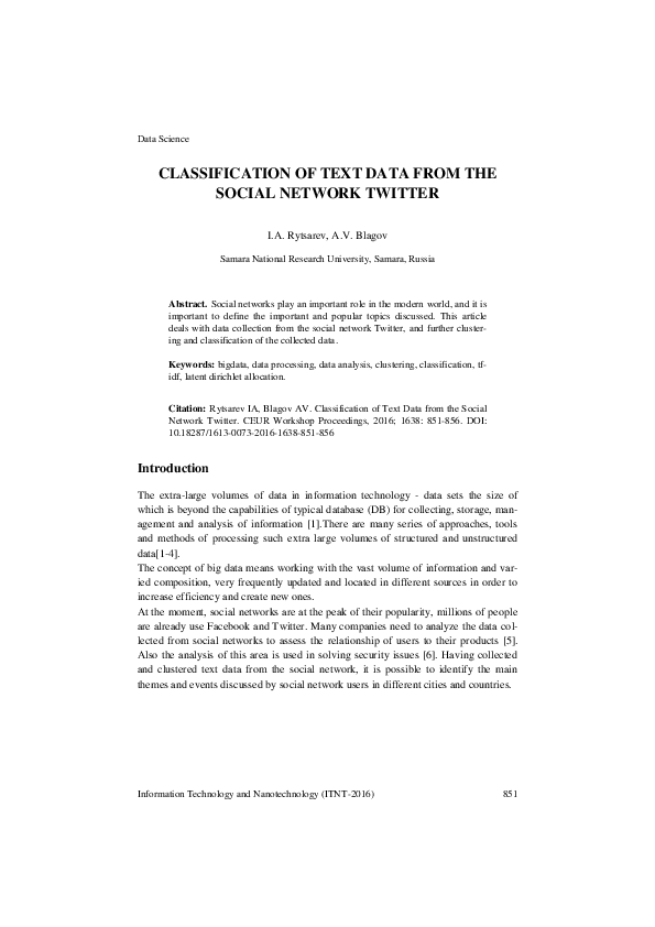 (PDF) Classification of text data from the social network Twitter