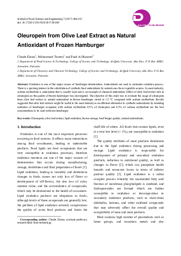 (PDF) Oleuropein from Olive Leaf Extract as Natural Antioxidant of ...