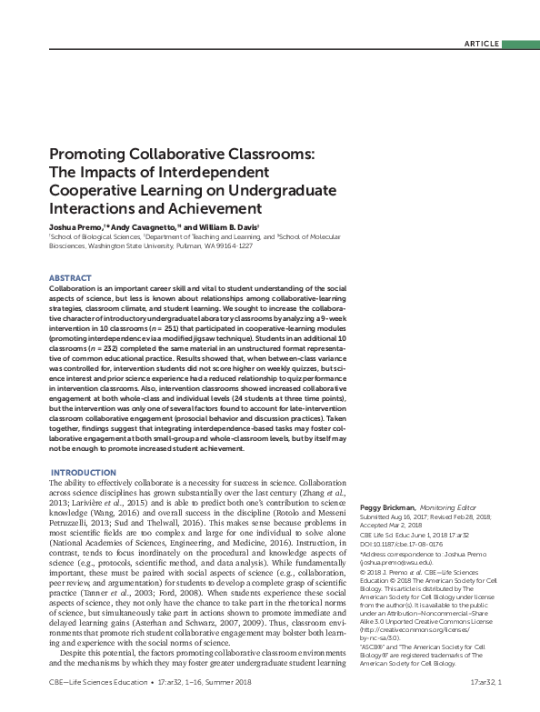 (PDF) Promoting Collaborative Classrooms: The Impacts of Interdependent ...