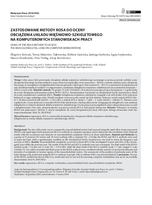 (PDF) Using of the ROSA method to assess the musculoskeletal load on ...