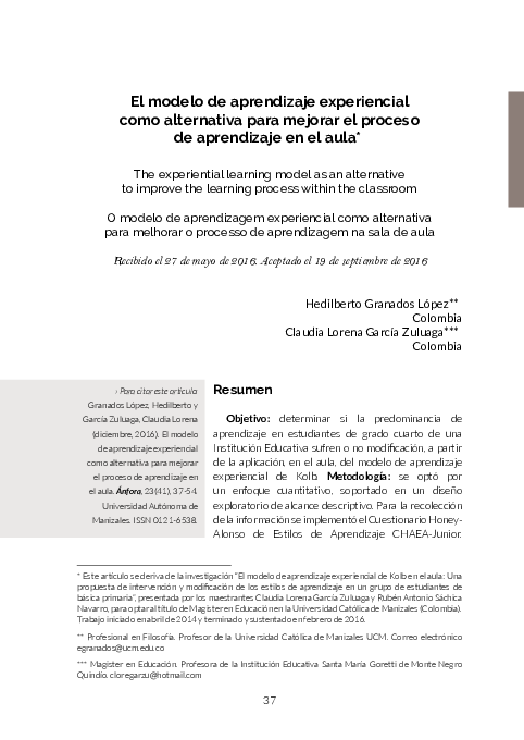 (PDF) El modelo de aprendizaje experiencial como alternativa para ...