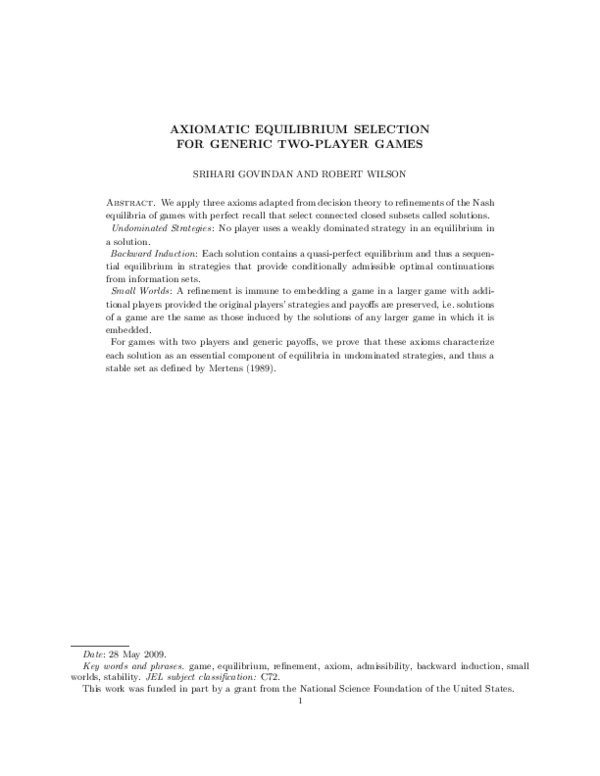 (PDF) Axiomatic Equilibrium Selection for Generic Two-Player Games