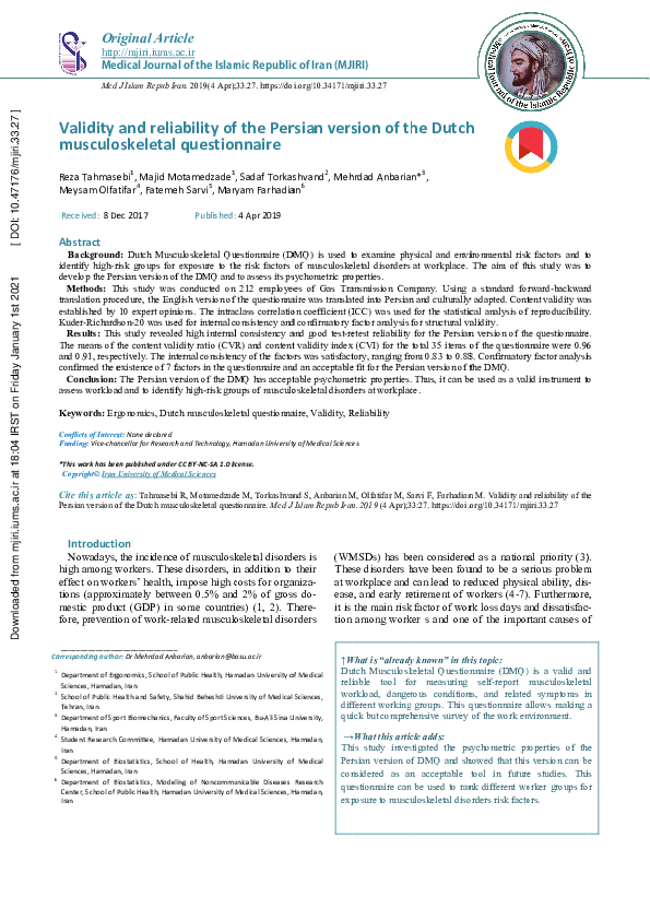 (PDF) Validity and reliability of the Persian version of the Dutch ...