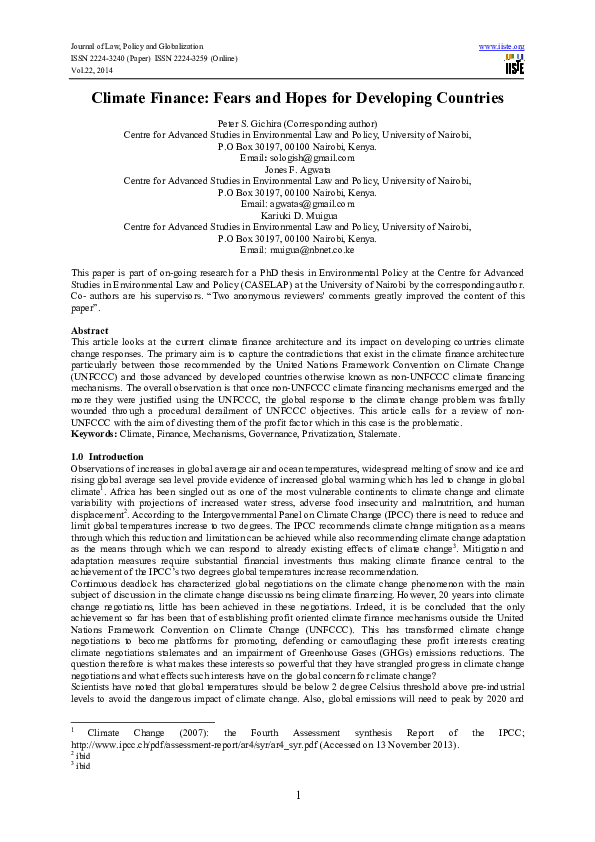(PDF) Climate Finance: Fears and Hopes for Developing Countries