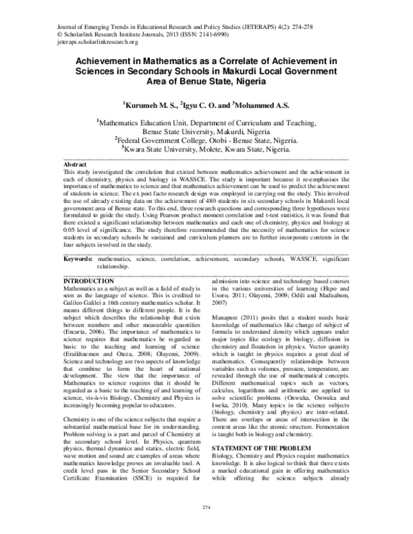 (PDF) Achievment in mathematics as a correlate as achievement in science