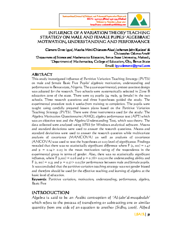 (PDF) Influence of a variation teaching strategy on male and female ...