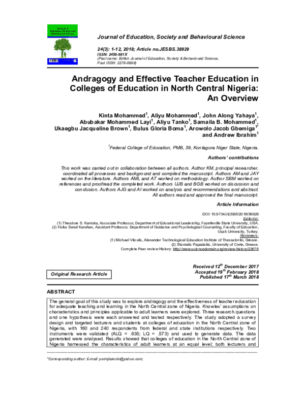 (PDF) Andragogy and Effective Teacher Education in Colleges of