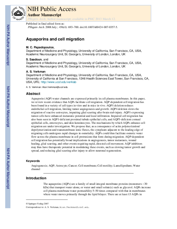 (PDF) Aquaporins and cell migration