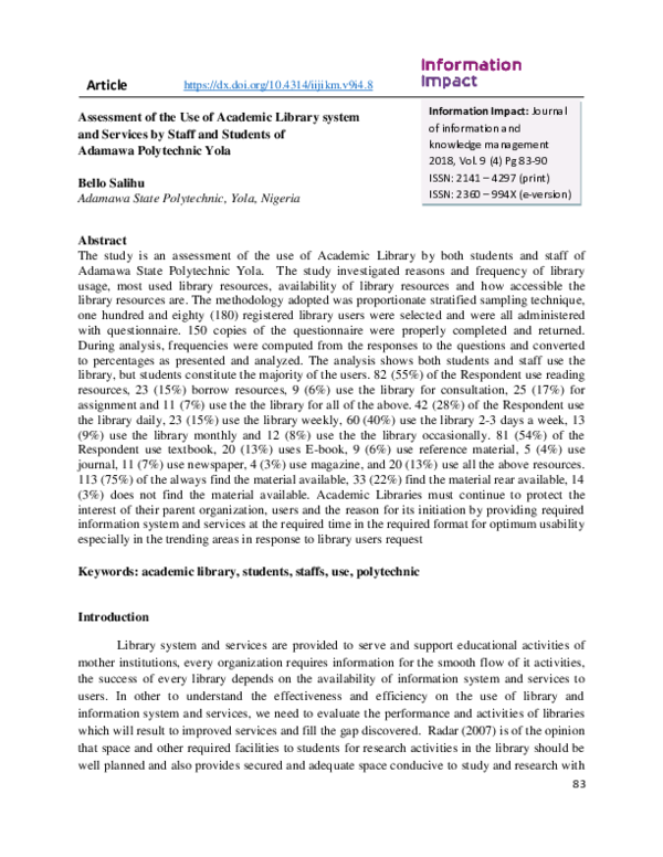 (PDF) Assessment of the use of Academic Library system and services by ...
