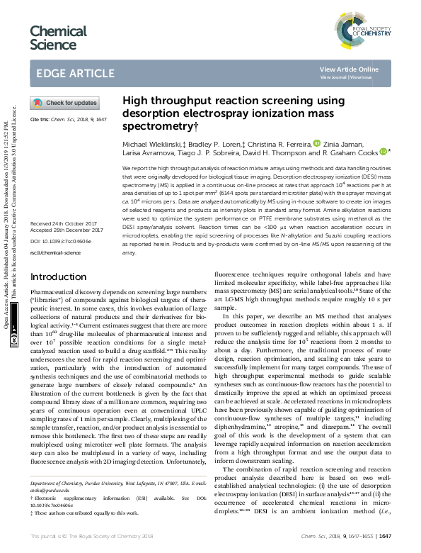 (PDF) High throughput reaction screening using desorption electrospray ...