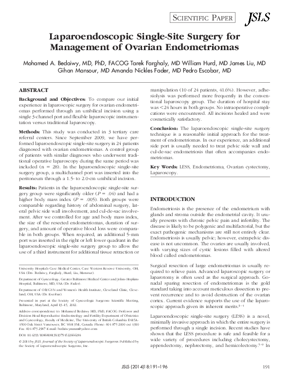 (PDF) Laparoendoscopic Single-Site Surgery for Management of Ovarian ...