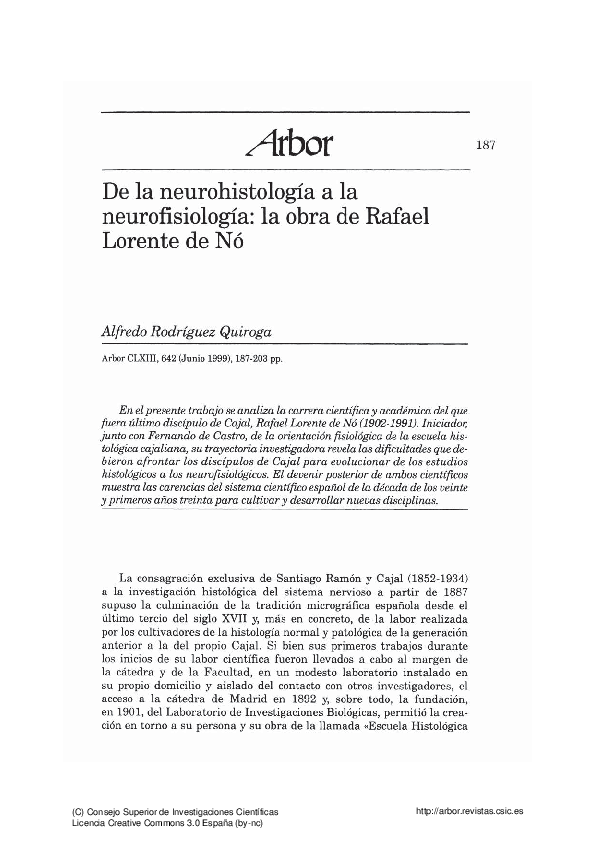(PDF) De la neurohistología a la neurofisiología la obra de Rafael Lorente de Nó Alfredo