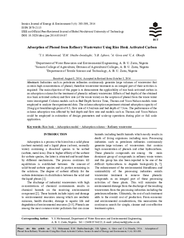 (PDF) Adsorption of Phenol from Refinery Wastewater Using Rice Husk ...