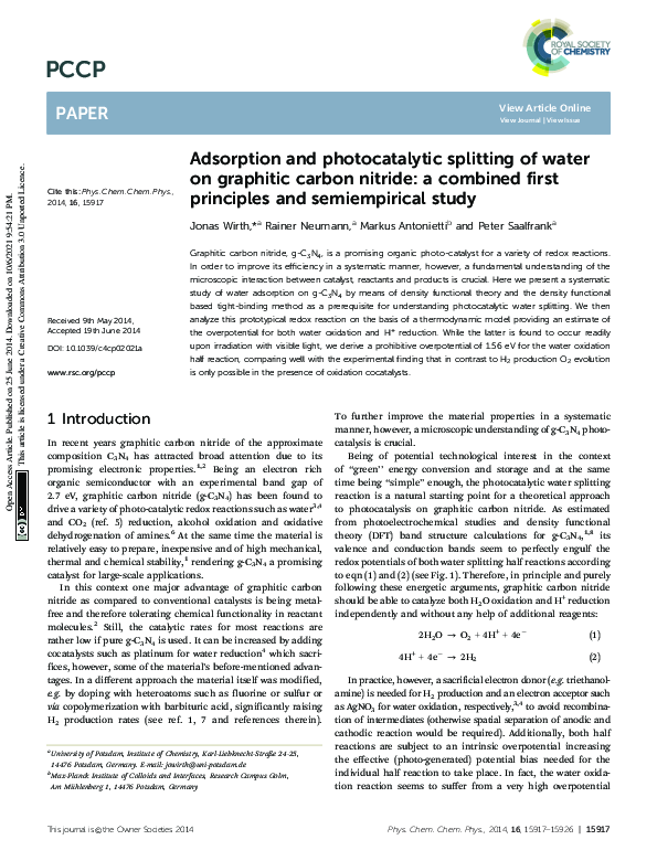 (PDF) Adsorption and photocatalytic splitting of water on graphitic ...