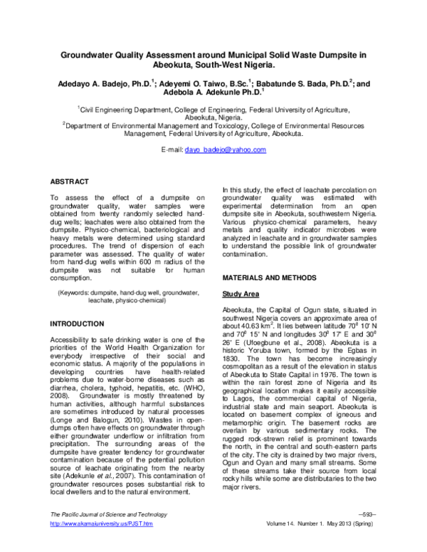 (PDF) Groundwater Quality Assessment around Municipal Solid