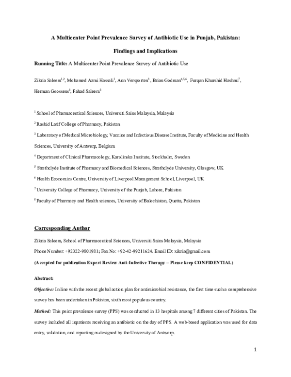 (PDF) A multicenter point prevalence survey of antibiotic use in Punjab ...