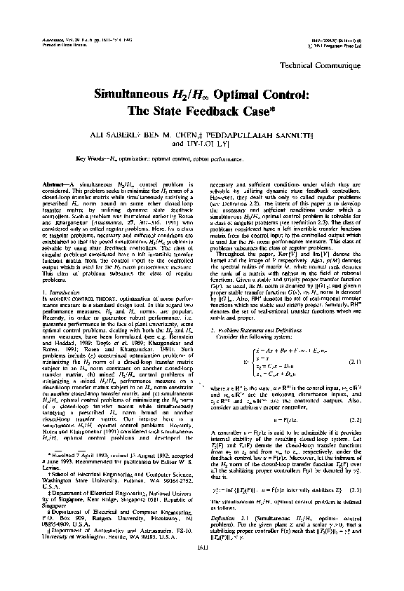 (PDF) Simultaneous H2/H8 optimal control The state feedback case
