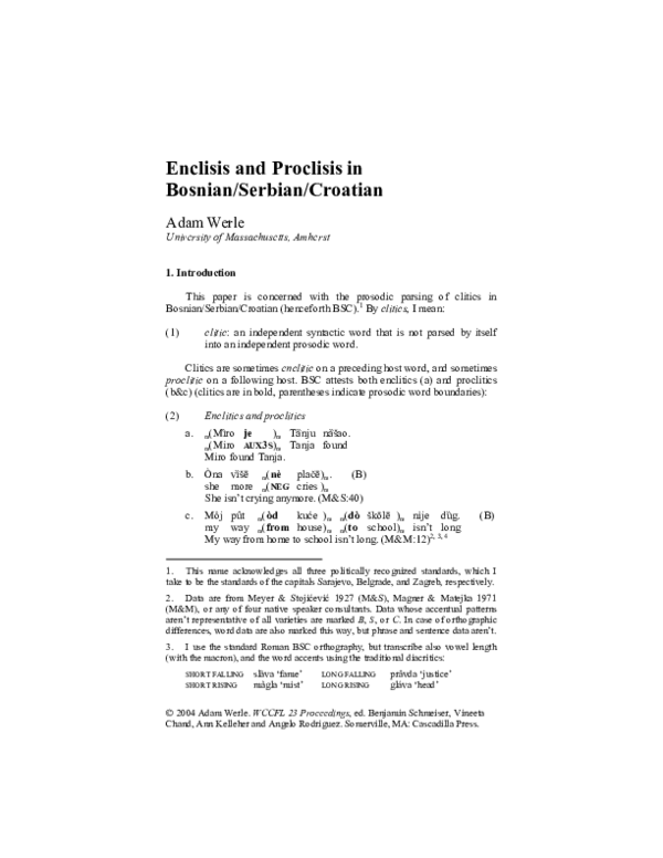 (PDF) Enclisis and Proclisis in Bosnian/Serbian/Croatian