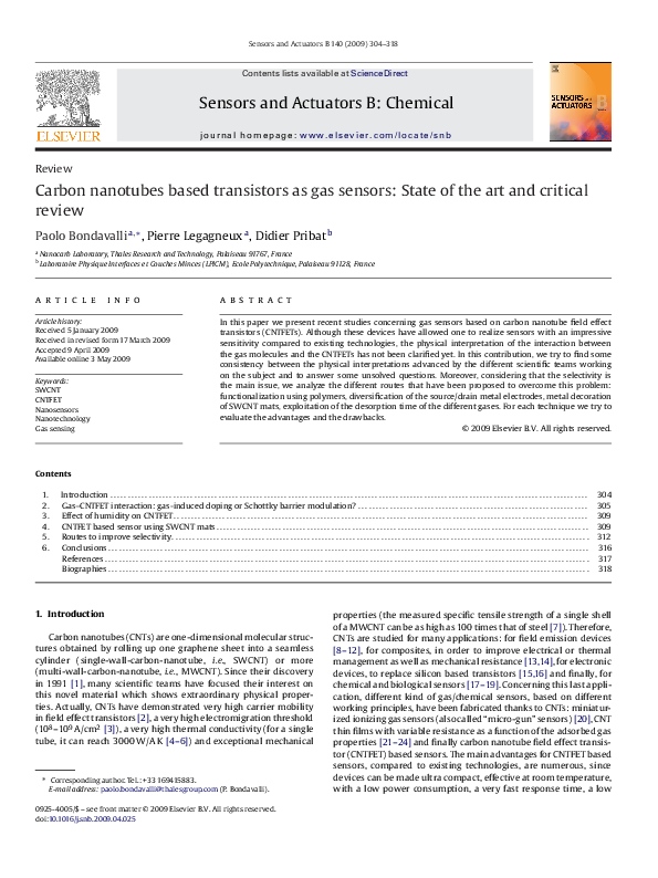 (PDF) Carbon nanotubes based transistors as gas sensors: State of the ...