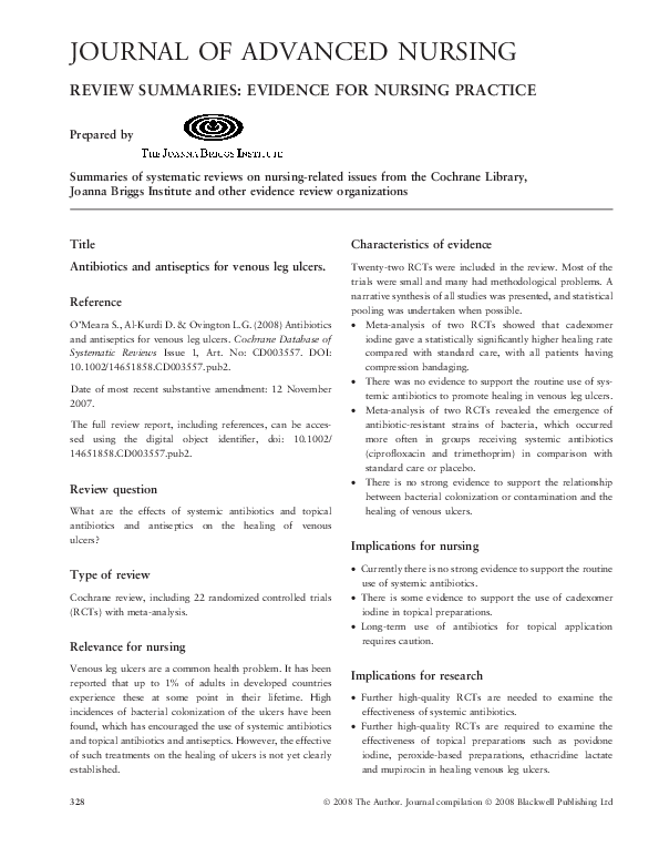(PDF) Antibiotics and antiseptics for venous leg ulcers Liza Ovington