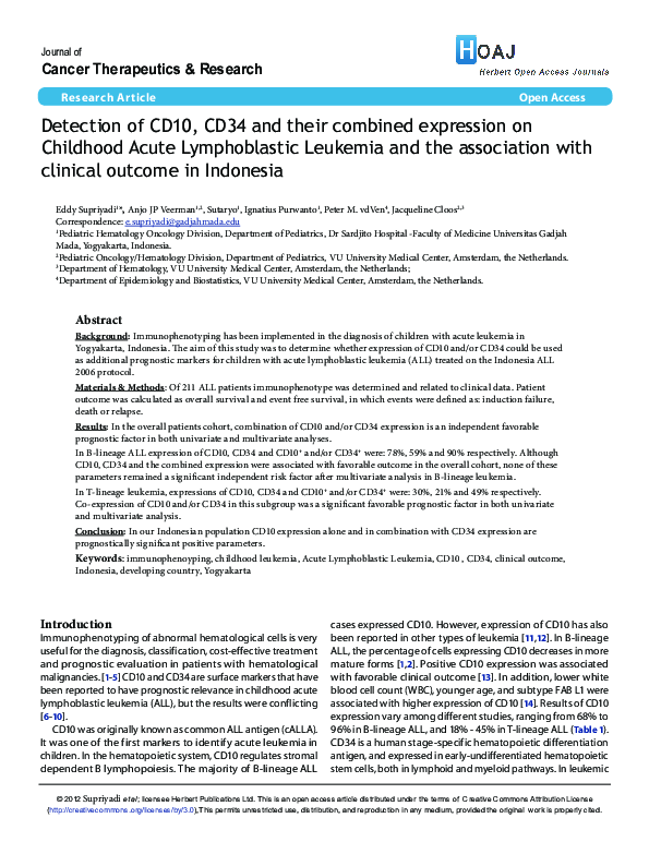 (PDF) Detection of CD10, CD34 and their combined expression on ...