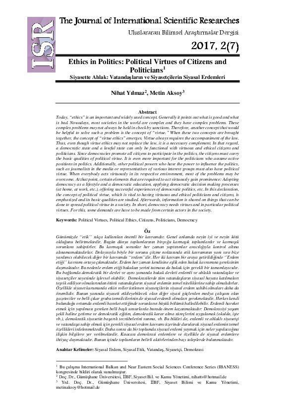 Ethics in Politics: Political Virtues of Citizens and Politicians