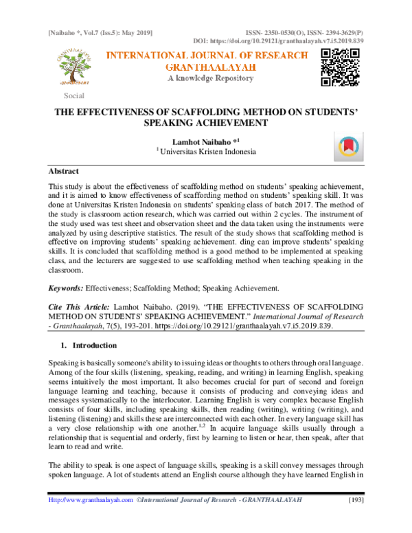 (PDF) The Effectiveness of Scaffolding Method on Students’ Speaking ...
